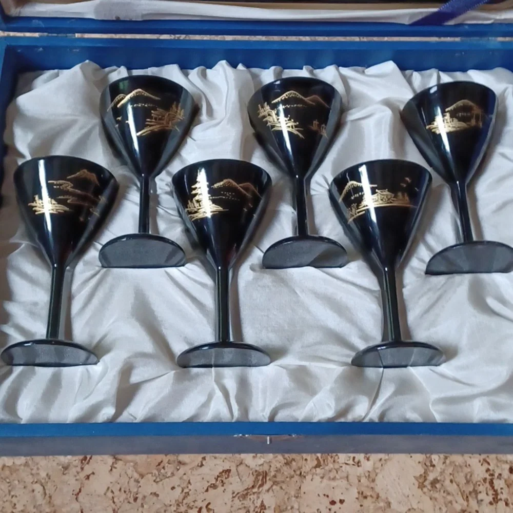 Japanese wooden lacquerware wine glass set and tray in box, vintage